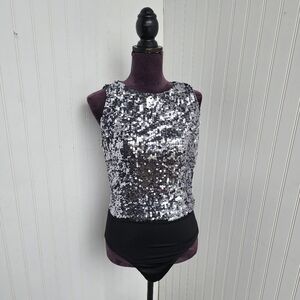 BlackTie Oleg Cassini Black Tie Silver Sequin Sleeveless Bodysuit Top Blouse L